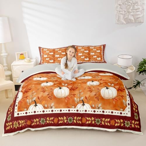Erosebridal Fall Thanksgiving Duvet Cover Full Size Pumpkin Maple Leaves Bedding Set for Kids Boys Girls Warm Harvest Comforter Cover Fall Bedclothes Room Decor