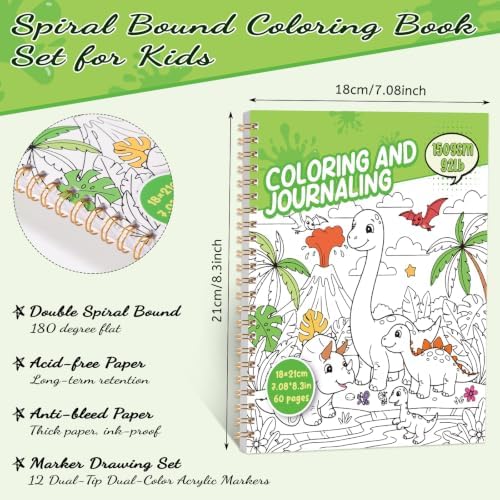 150gsm Dinosaur Coloring Book with Markers, 7x8.3in Coloring Kit for Kids