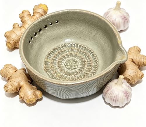 Ceramic Grater Bowl, 2-in-1 Garlic Grater & Herb Stripper (white, 7Holes)