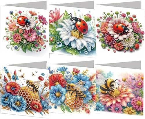Diamond Art Cards with Envelopes–6PCS DIY Diamond Painting Greeting Cards Kit | Card Making Kit with Bling for Adults & Beginners | Birthday,Holiday & Thank You Cards (Flower Ladybug and Bee)
