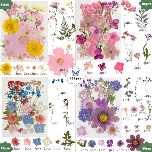204 Pcs Dried Pressed Flowers for Resin Crafts, Real Natural Pressed Flowers and Leaves Kit Butterfly Stickers Vacuum Sealed Dry Flowers for DIY Epoxy Resin Jewelry Molds, Candle Soap Making, Nail Art