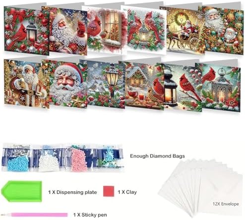 12 Pack 5D DIY Diamond Painting Christmas Greeting Card Kit, Diamond Art Birthday Holiday Greeting Card, Art Crafts Kit Creative with Envelope