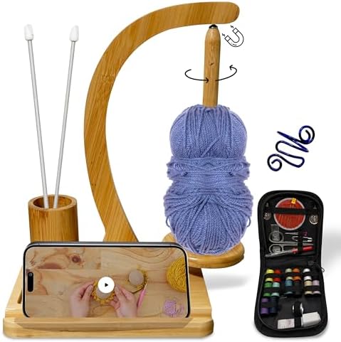 KOMOVAX Wooden Yarn Holder with Sewing Kit & Crochet Ring – Portable Yarn Spinner for Crocheting, Knitting & Yarn Organization – Magnetic Yarn Holder & Yarn Ball Stand – Perfect Gift for Crafters