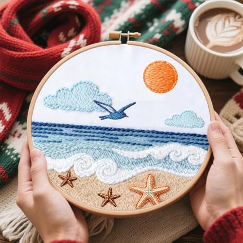 FREEBLOSS 4 Set Embroidery Kit for Beginners Adult Beach Stamped Embroidery Starter Kit with Instructions Needlepoint Accessories and Supplies for Craft Lover Hand Stitch, 2 Hoops 11.6"/29.5cm