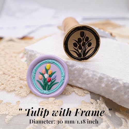 VANGOAL Wax Seal Stamp, Floral Series, 3D Embossed Brass Stamp Head with Wooden Handle, Vintage Sealing Kit for Wedding Invitations, Envelopes, Gift Wrapping, Letters and Crafts (Tulip with Frame)