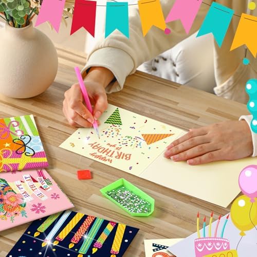 Saillong 12 Pack Happy Birthday Diamond Painting Greeting Card Kits DIY Diamond Art Cards with Envelopes Birthday Cake 5d Rhinestones Painting Kits for Adults DIY Crafts Family Friend Gifts