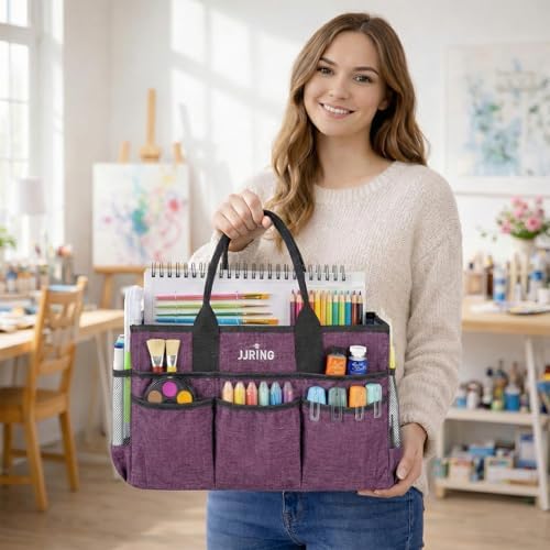 JJRING Large Art Supply Storage Tote Bag With Mesh Pockets, Purple