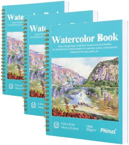 Phinus 30 Sheets Watercolor Sketchbook 5.5 x 8.5 Inch, Watercolor Paper Cold Press (140lb/300gsm), Spiral Bound Water Color Pad for Adults Kids, Mixed Media, Markers and Art Journaling (Pack of 3)