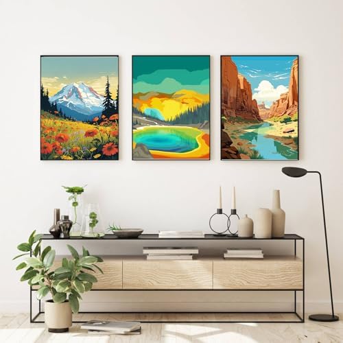 HOIYLDS 3 Pack Paint by Number for Adults Framed Canvas, National Park DIY Arts and Crafts for Adults Beginner with Wooden Easel, Paint Brushes, Acrylic Paint Set for Home Wall Decor, 9 * 12 Inch