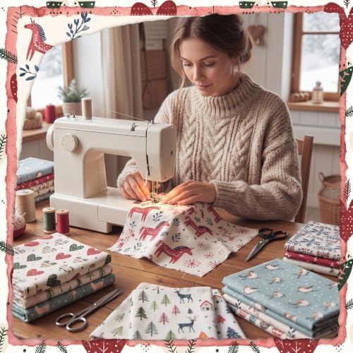 HunnmingRe 20 Pcs 10''x10'' Nordic Christmas Quilting Fabric Square Hygge Christmas Precuts Quilted Fabric Bundle Reindeer Dala Horse Snowflake Printed Sewing Material for Winter Patchwork DIY Craft