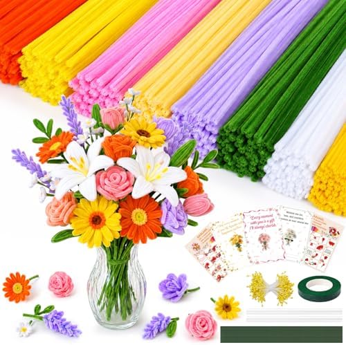 900PCS Pipe Cleaners Flower Kit, Pipe Cleaner Bulk Craft Flower Making Kit with Instruction, 8 Colors Thick Chenille Stems for Arts DIY Craft Supplies with Greeting Card, Floral Wires, Tape, Stamen