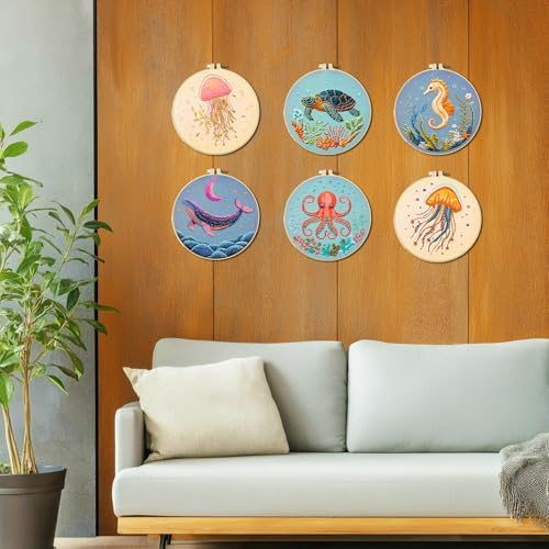 ACRNIGHEET 6PCS Embroidery Kit for Adults Beginners, Sea Animals Embroidery Starter Kit, Stamped Cross Stitch Kits for Crafts Lovers Gift Idea, Include Instructions 6 Stamped Embroidery Cloth 2 Hoop