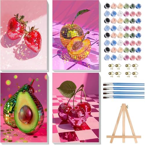 4 Pack Disco Fruits Paint by Numbers for Adults with Framed Canvas 8x12inch