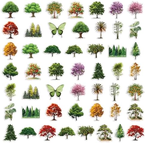 50PCS Tree Forest Stickers PET Transparent Stickers Colorful Nature Decals Waterproof Decorative Decals for Scrapbook DIY Crafts Album Bullet Journal Planner Water Bottles Phone Cases Laptops (Trees)