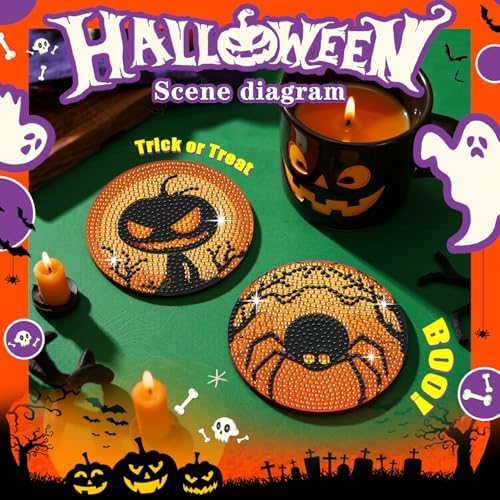 Leatrice 8 PCS Halloween Diamond Art Coasters Set with Holder 4 in
