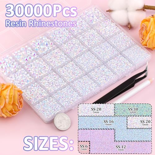 30000Pcs White AB Rhinestones for Bedazzling with B7000 Jewelry Glue, Bedazzler Kit Bulk Flatback Gems, Resin Rhinestones for Crafting Crafts Clothing Shoes Fabric Nail Art Assorted Size 2/3/4/5/6mm