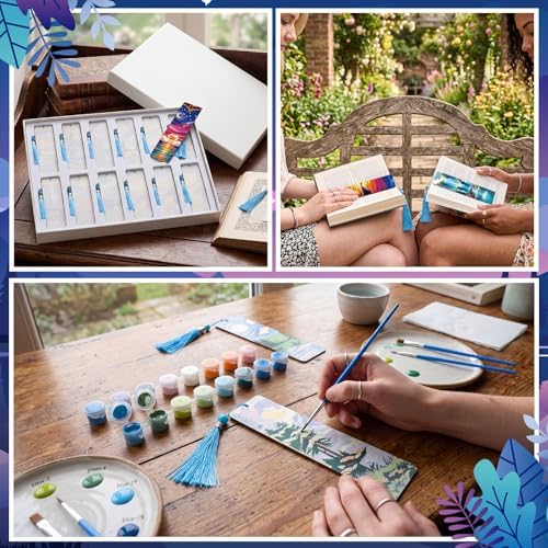 Kosiz 12 Pcs Night Landscape Paint by Number Kit for Adult Wood Bookmark | Mini Paint by Numbers Kit, Painting Decor, Tiny Mountain Tassels Blank Bookmarks, for Small DIY Craft Book Lovers Gift 7x2 ''