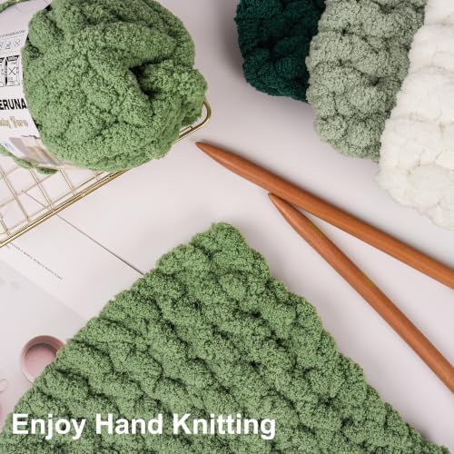 Chunky Yarn for Hand Knitting, #10 Chunky Blanket Chenille Yarn, Large Bulky Thick Jumbo Yarn, Super Chunky Knit Yarn for Crocheting, 8 Skein (8 oz 22 yds Each Skein), White & Multi Green
