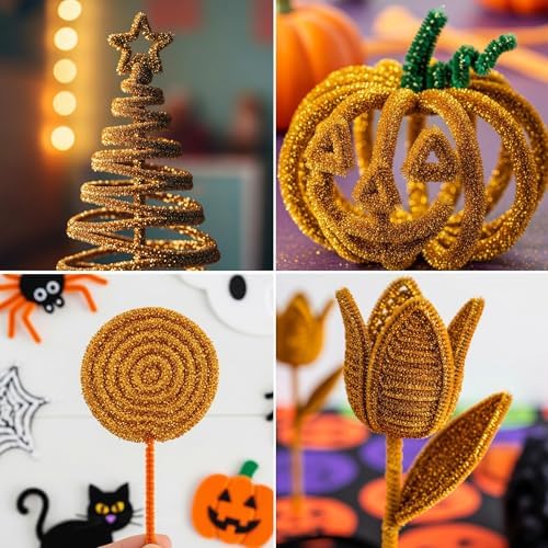 Caydo 200 Pieces Glitter Golden Pipe Cleaners, Thick Fluffy Chenille Stems, Pipe Cleaner Crafts for Arts & Crafts, Perfect for Making Animals, Flowers, and Home Decorations