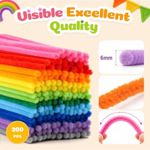 Caydo 200PCS Thick Pipe Cleaners Craft, 20 Colors Chenille Stems