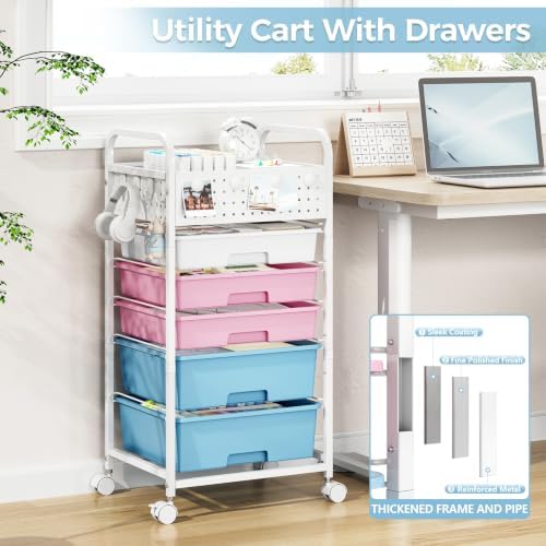 5 Drawer Rolling Storage Cart with Pegboard Top and Hooks, Pink&Blue