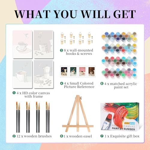 Camocin 4 Pack Framed Paint by Numbers Kit for Adults with Wooden Easel | Funny Coffee Artwork, DIY Canvas Painting Set, Kitchen Coffee Bar Decor, Minimalist Style, Beginner Friendly, 8x12 Inch
