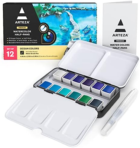 ARTEZA Watercolor Paint Set, 12 Ocean Colors, Half Pans in Travel Tin
