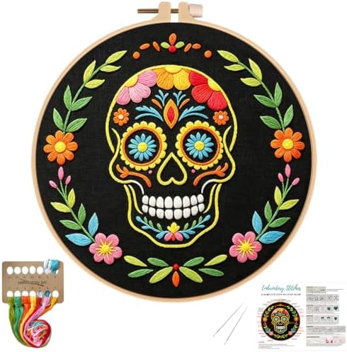 Nuberlic Sugar Skull Embroidery Kit for Beginners Adults Stamped Needlework