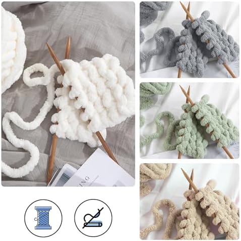 MABOZOO Assorted Chunky Yarn for Hand Knitting 8 Pack, Fluffy Jumbo Chenille Yarn, Soft Plush Yarn Bulky, Giant Thick Fuzzy Yarn for Arm Knitting, Cream & Khaki&Sage&Grey(31.7 yds,8 oz Each Skein)