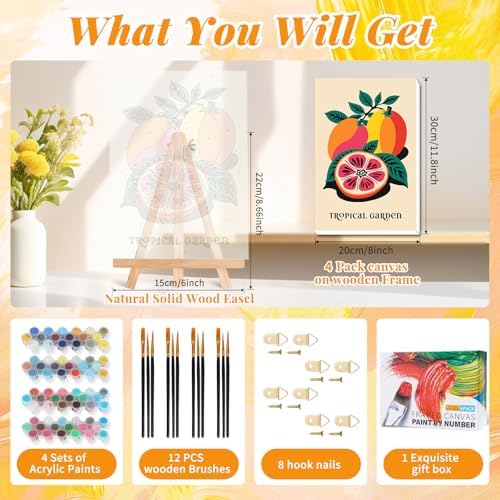 4 Pack Framed Paint by Numbers Kit for Adults, Tropical Fruit, 8 x 12 Inch | DIY Acrylic Painting by Numbers for Beginners, with Wooden Easel, Kitchen Home Wall Decor, Stress Relief Craft Gift