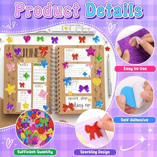 1000PCS Glitter Foam Stickers, Colorful Heart & Bow Stickers, Self-Adhesive Foam Stickers for Scrapbooking Greeting Cards Sweet Themed Party Decor Kids Art Projects & Holiday Supplies