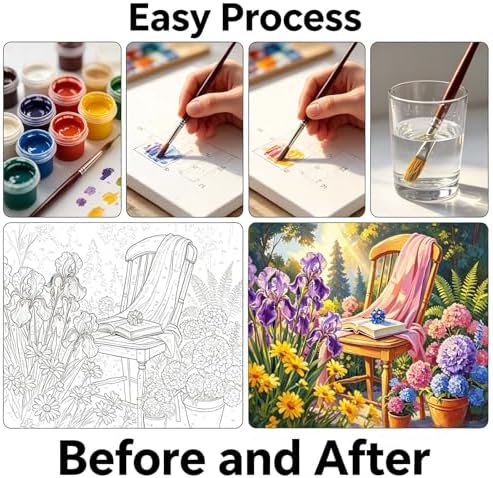 Paint by Numbers Kit for Adults - Garden Chair with Iris Flowers, DIY Paint by Number for Adults, Oil Painting Style Canvas, Beginner Friendly Paint by Numbers Kit for Home Decor