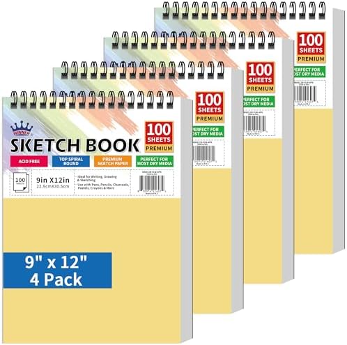 WINNER 9" x 12" Sketch Book 4 Pack, 400 Sheets Spiral Bound Art Sketchbook, 68lb/100gsm White Acid Free Drawing Pad, Sketching Doodling Drawing Writing Sketch Pad, Back to School Art Supplies, Yellow