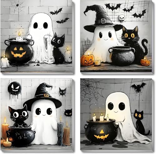 KYOQFVN 4 Pack Framed Paint by Numbers Kits for Adults, Halloween Paint by Number for Adults Beginners, Ghost Adult Painting by Number Kit on Canvas for Home Wall Decor 8×8inch