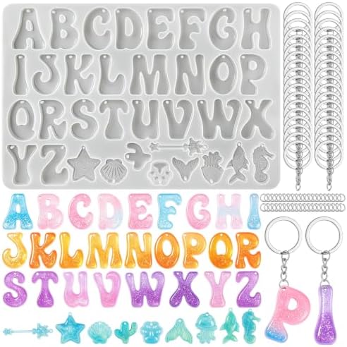 Alphabet Keychain Mold with Hole with 36 Pcs Key Ring Accessory
