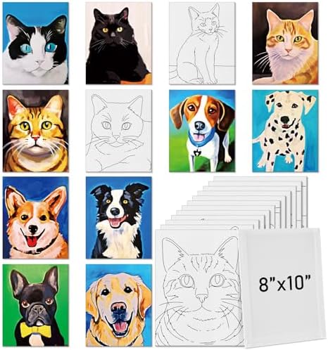 Tinlade 12 Pcs Pre Drawn Canvas for Painting Stretched,Cats and Dogs