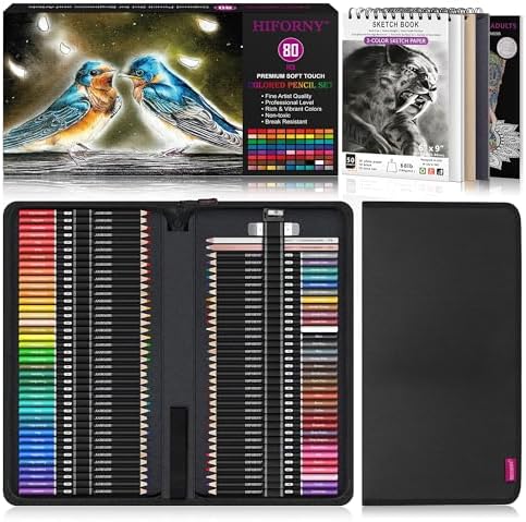 HIFORNY 80PCS Colored Pencils Set for Adults – 72 Soft Core Colored Pencils with Sketchbook, Coloring Book,Blender,Burnisher,Eraser,Sharpener & Color Chart – in Gift Box & Zipper Case