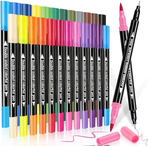 24 Colors Dual Markers Brush Pens, Art Markers Colored Pens for Adult Coloring Books, Brush and Fine Point Dual Tip Artist Colored Marker Set for Drawing Adult Coloring Hand Lettering