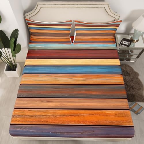Retro Striped Bed Sheet Set Queen Size Oil Painting Stripes Mattress Cover Modern Simple Style Sheets for Boys Girls Bedroom Orange Brown with Flat,Fitted Sheet Pillowcase 4Pcs