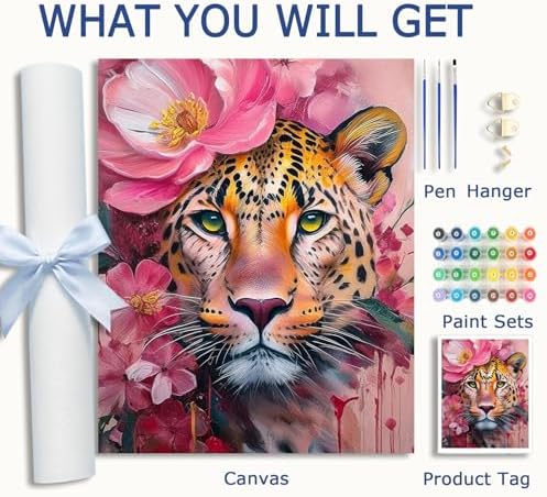 AuraDraw Cheetah Paint by Numbers - Leopard Paint by Number Kit for Adults Beginners, DIY Pink Painting Art Craft on Canvas for Home Decor 16x20 Inch