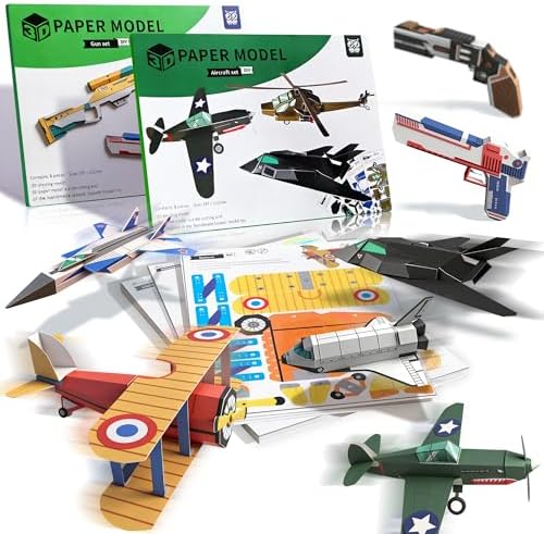 2 Themes in 1, 3D Model Paper Airplane Kits, DIY Origami Kit for Kids Ages 8-12, Include 16 Pre-cut, Easy-to-Assemble Gun & Aircraft Models, Origami Kit for Kids Ages 8-12, Paper Airplane Kits
