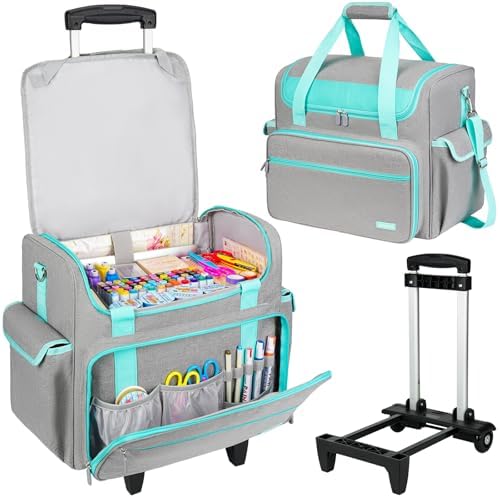 Rolling Craft Bag, Craft Bag with Wheels for Scrapbook Supplies, Large Scrapbook Tote with 15.6'' Laptop Sleeve, Rolling Art Supply Storage for Scrapbooking Tools, Gray