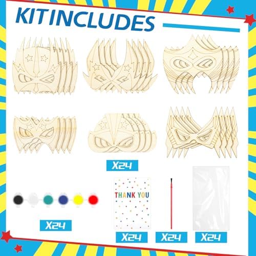 Weysat 24 Sets Color Your Own Hero Masks DIY Blank Masks Wooden Painting Craft Kits Include Beautiful Cards and Art Supplies for Boys Girls Birthday Party Graffiti Crafts Party Favors