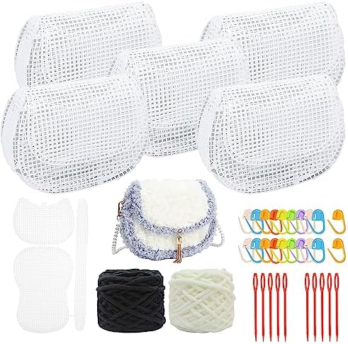 Allazone 37 PCS Clear Mesh Canvas Sheets for Embroidery, Mesh Sheets with 2 Color Acrylic Yarn for DIY Sewing Bag