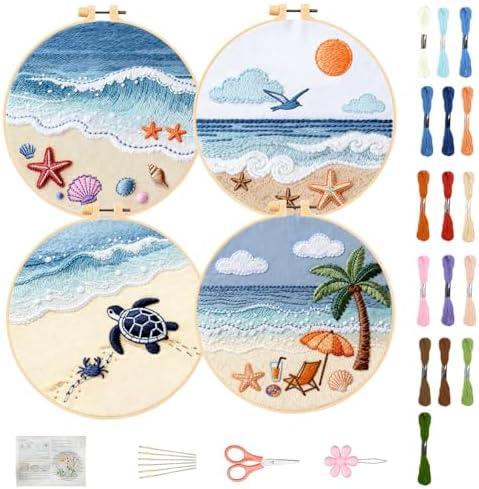 FREEBLOSS 4 Set Embroidery Kit for Beginners Adult Beach Stamped Embroidery Starter Kit with Instructions Needlepoint Accessories and Supplies for Craft Lover Hand Stitch, 2 Hoops 11.6"/29.5cm