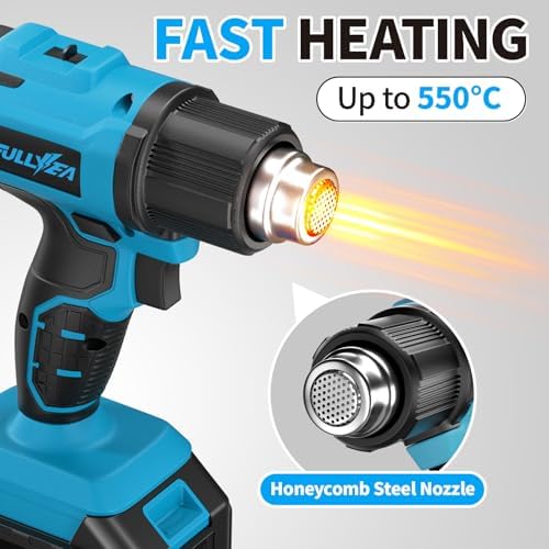 FULLYEA Heat Gun Cordless, Portable Hot Air Gun Kit with 5 Nozzles, Max 550℃/1022℉, Soldering Heat Gun with 2*4.0Ah Battery & Charger, Cordless Heating Gun for Shrink Tubing, Vinyl Wrap, Craft (Blue)
