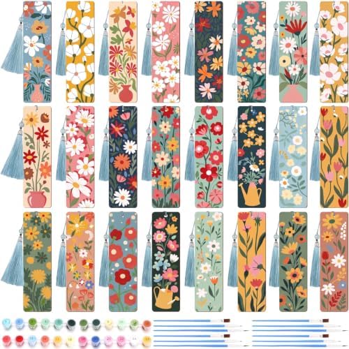Kosiz 24 Pcs Butterfly Flowers Paint by Number Kit for Adult Wood Bookmark | Mini Paint by Numbers Kit, Painting Decor, Tassels Blank Bookmarks, for Small DIY Craft Book Lovers Gift 7x2 ''