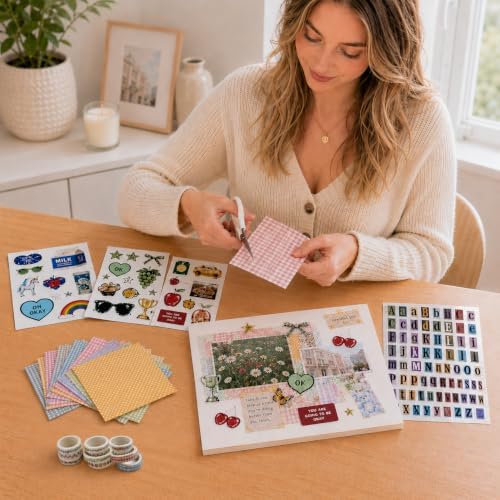 Scrapbook Supplies Kit 12 Sheets 6x6 Inch Scrapbook Paper 4 Letter Sticker Sheets 10 Washi Tape 8 Decorative Sticker Sheets for Scrapbooking Journaling Diary and Junk Journal Crafts (Girly)