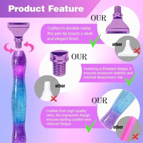 Huanlys Diamond Art Pens Tools Diamond Painting Accessories Kits with Screw Steel Rose Gold Metal Tip Nibs Placers Roller Tool Accessories (Sky Purple)