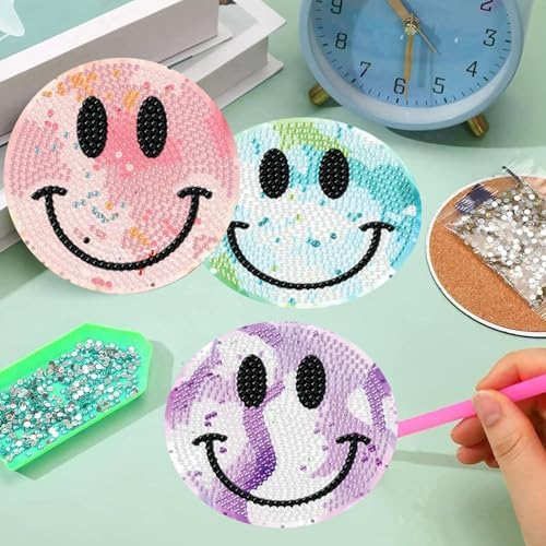8 Pcs Smile Face Diamond Art Coasters Kit for Adults with Holder 4x4in